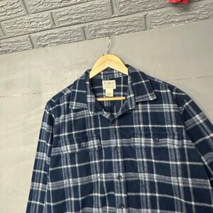 LL Bean Mens Flannel Shirt L REG Blue White Plaid Long Sleeve Cotton Fitted